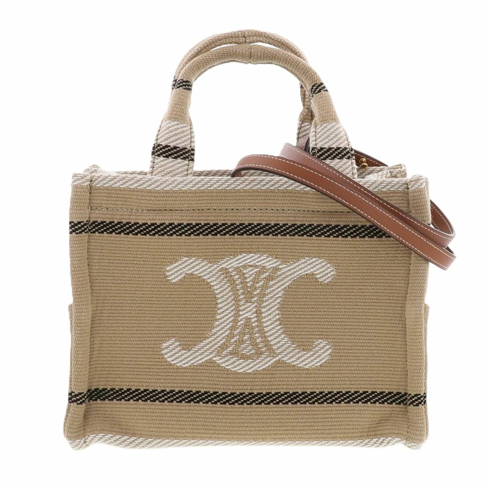 CELINE Cabas Thais Handbag Striped Textile Canvas Leather Beige White